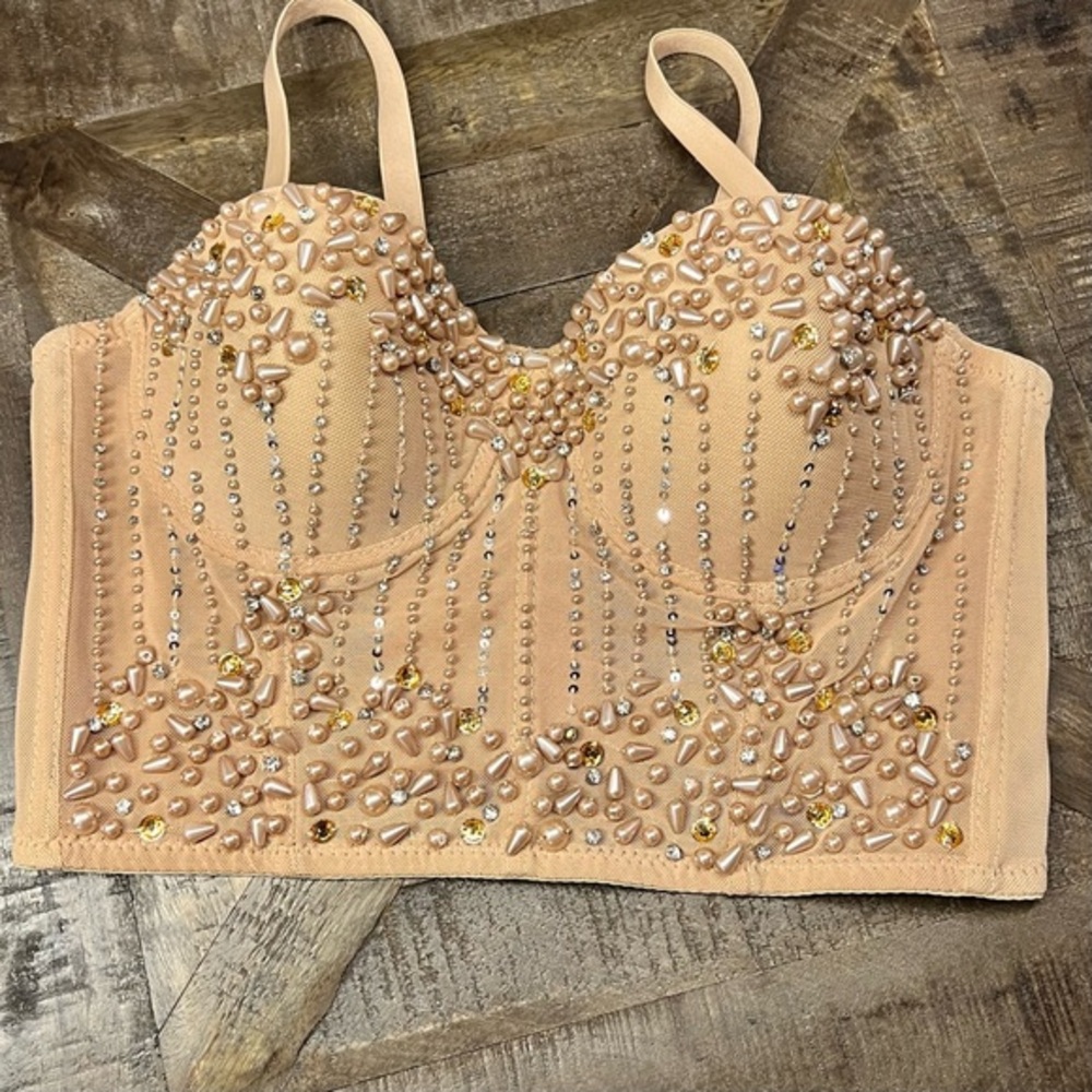 Winsor Pearl Rhinestone Embellished Crop Top.